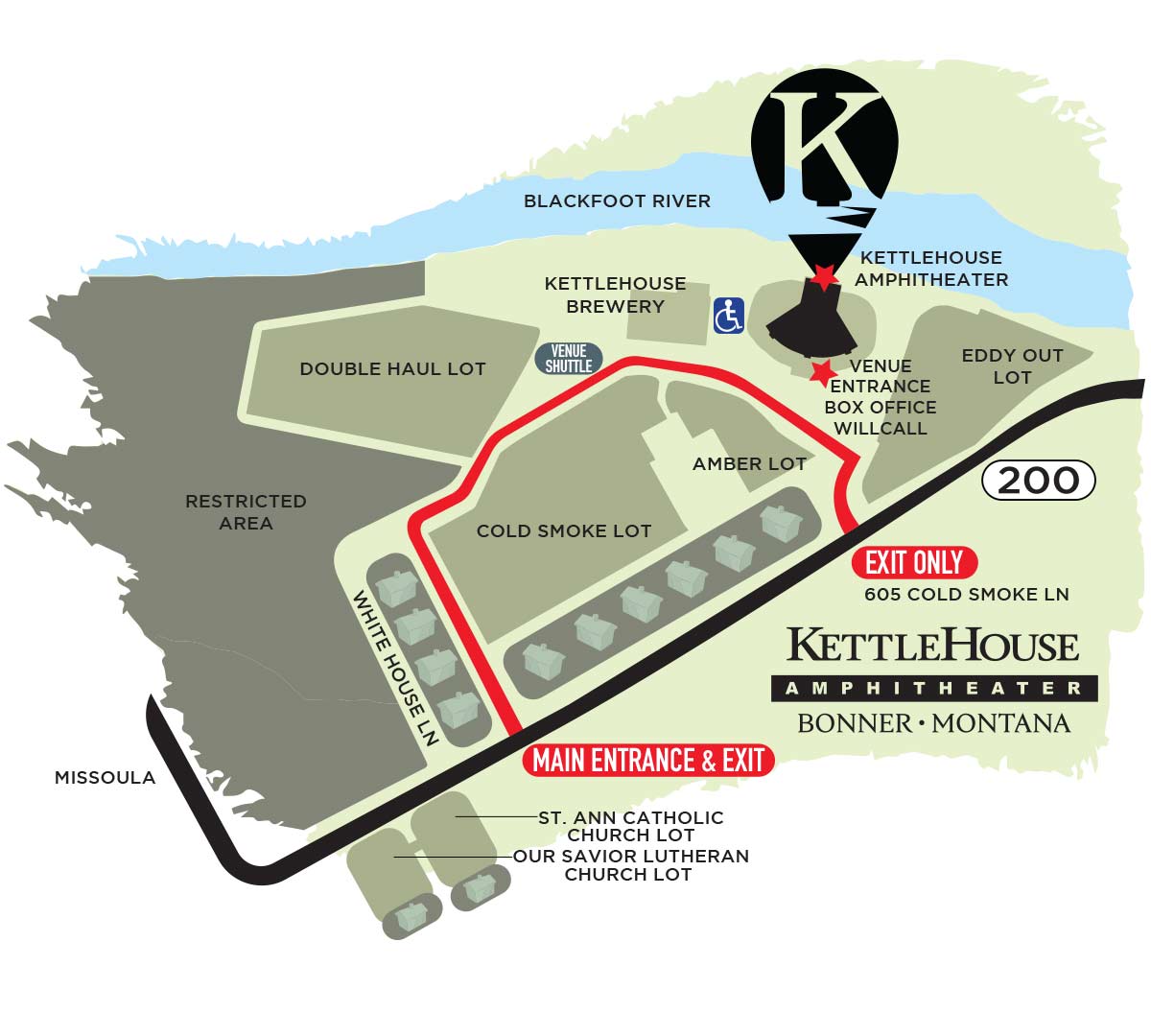 KettleHouse Amphitheater map of parking, shuttles and where to enter and exit