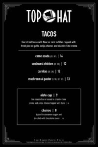 top hat catering taco truck food menu 2026